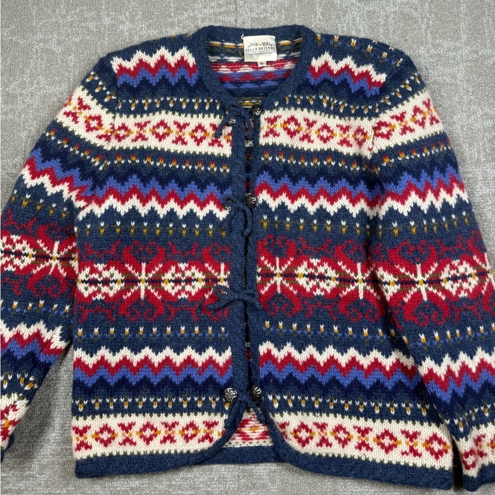 Vintage Susan Bristol Cardigan Aztec Fair Isle Button Down Sweater Wool Size M